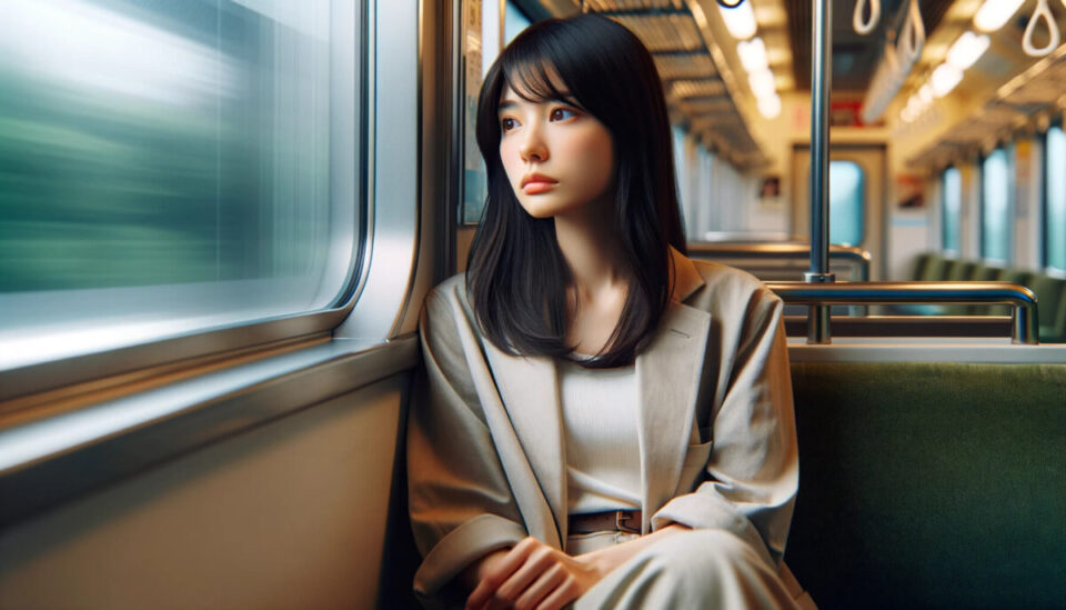 電車に乗る一人の女性