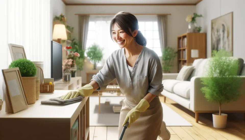 笑顔で掃除をしている女性