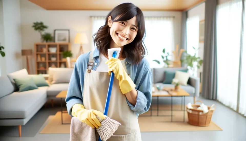 掃除道具を持って笑顔の女性